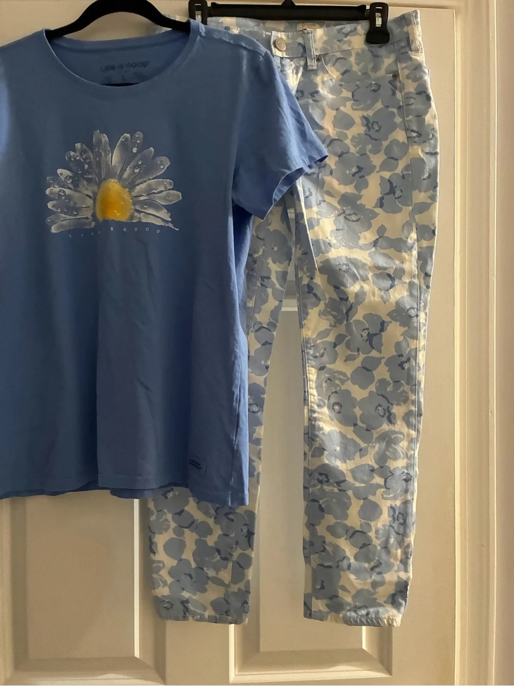 J. Crew Light Blue Floral Jeans and Life’s Good T-shirt Large